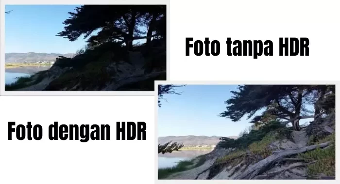 Ilustrasi foto di pantai menggunakan fitur HDR dan tidak menggunakan fitur HDR